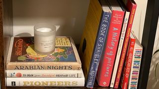 organised bookshelves with a stack of books and a candle on top