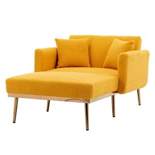 2 in 1 Chaise Lounge Chair, Indoor Sleeper Sofa Bed With 3 Adjustable Angles, Teddy Fabric Accent Chair With Gold Metal Legs, Upholstered Sleeper Sofa Chair for Living Room, Bedroom, Mustard