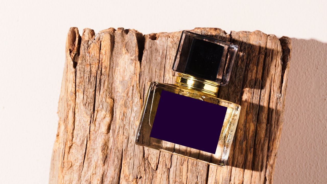 Bird&#039;s eye view of a perfume bottle with a dark navy label sat on a large piece of bark in front of a beige background - tobacco perfumes