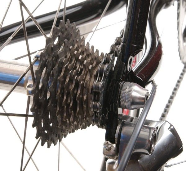 Ten sprockets on Shimano's steel-and-titanium Dura-Ace cluster