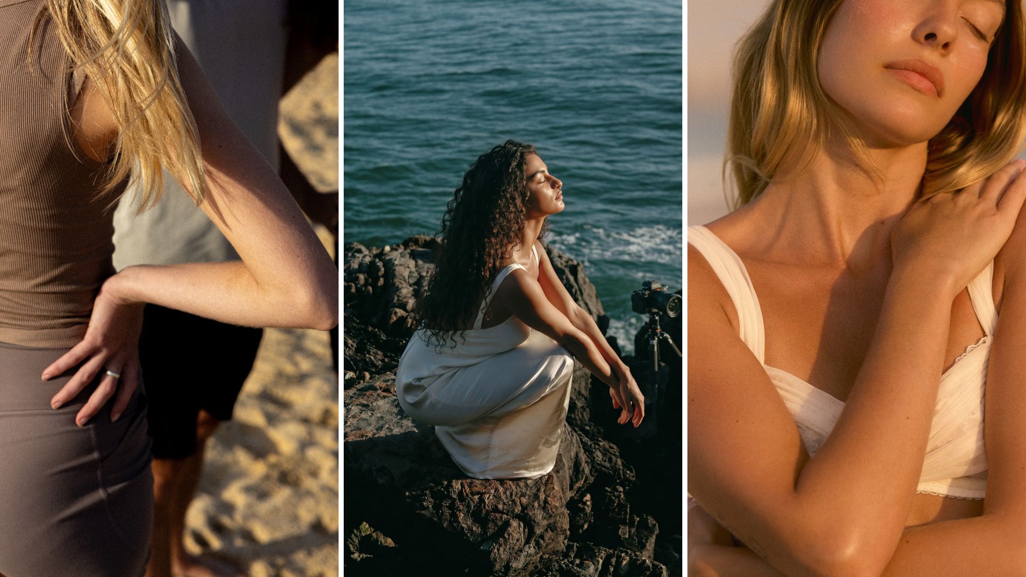 Three women on the beach: Stretching, looking into the sun.
