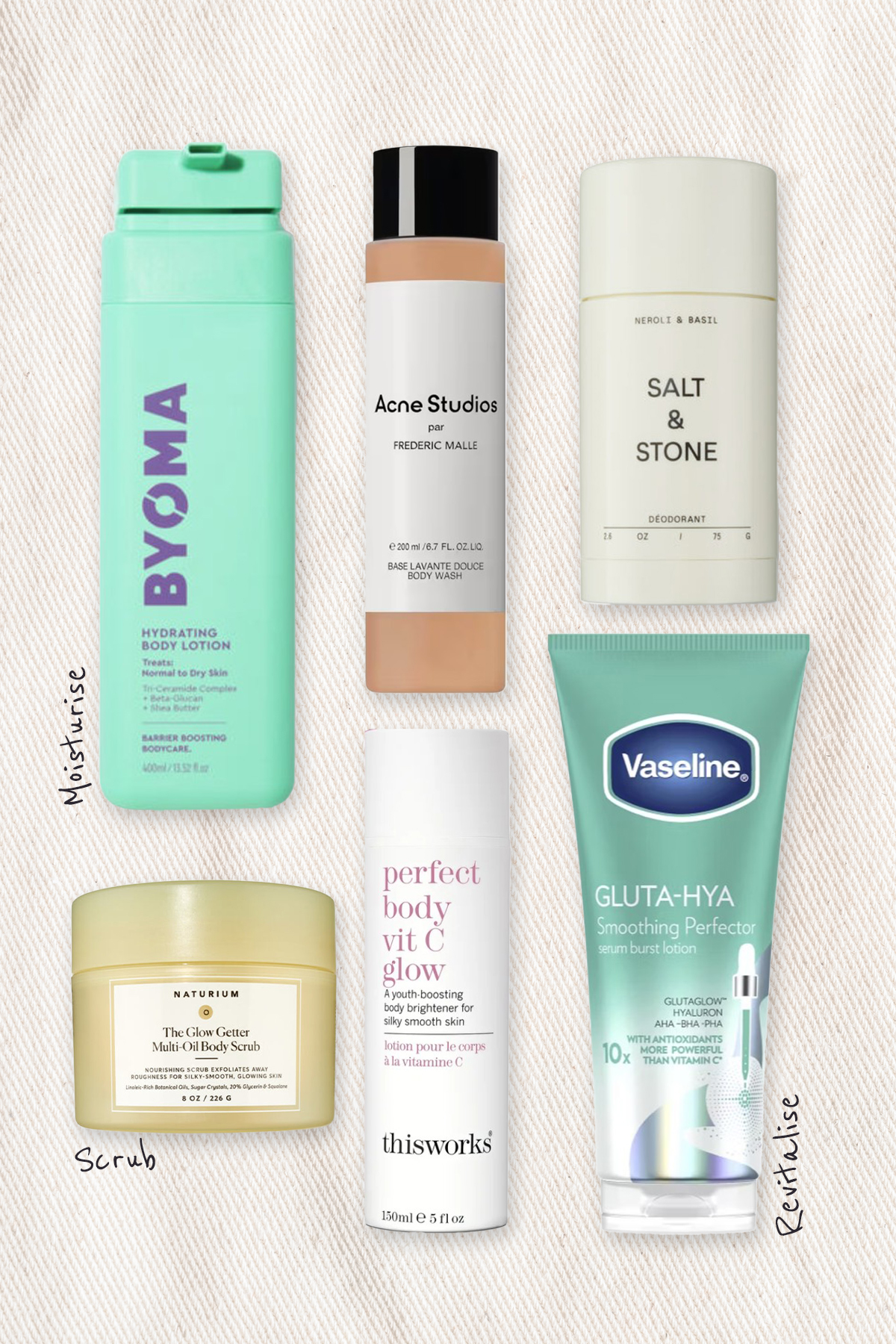 A collage of beauty products from Byoma, Acne Studios, Salt &amp; Stone, Naturium, This Works and Vaseline