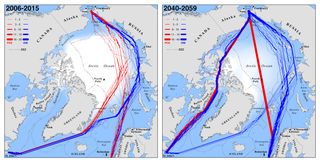 Less sea ice in the Arctic means more shipping routes. A new study predicts optimal September navigation routes for ice-strengthened (red) and common open-water (blue) ships traveling between Rotterdam, The Netherlands and St. John's, Newfoundland in the years 2040-2059.