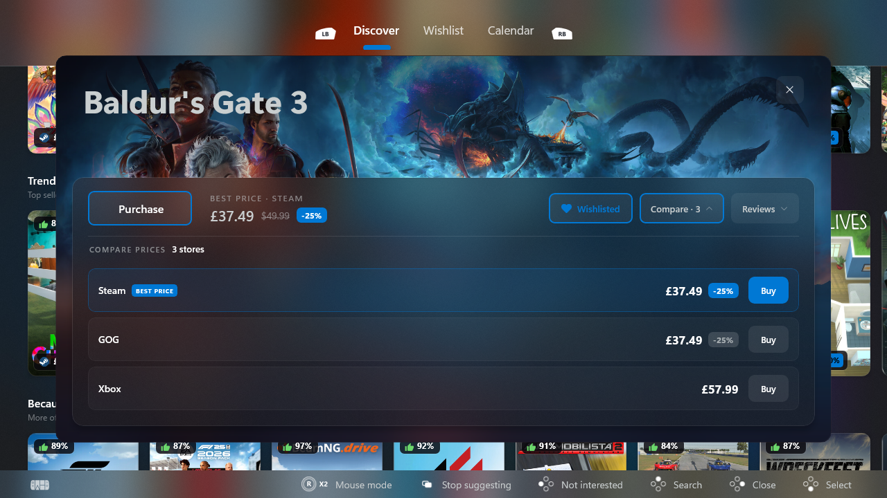 Winhanced's game store compares prices for Baldur's Gate 3 across Steam, GOG, and Xbox, highlighting the cheapest option with wishlist and review features.