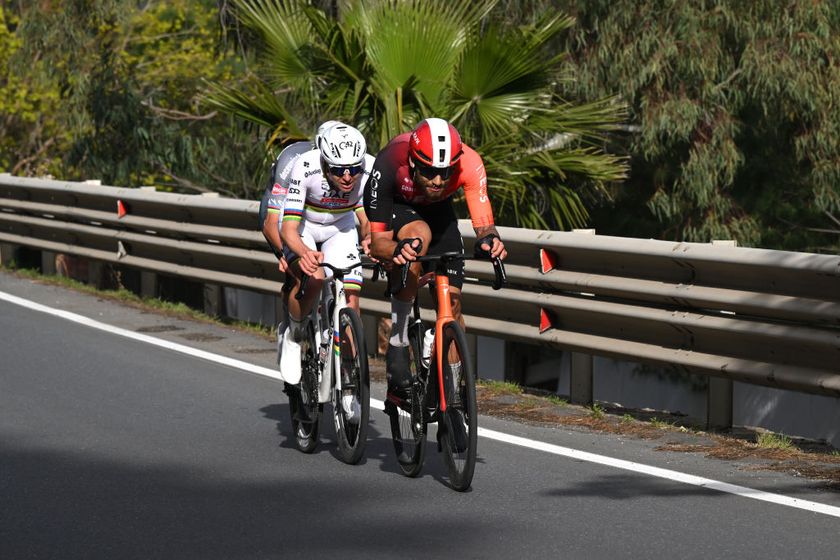 Filippo Ganna in the winning breakaway with Tadej Pogacar and Mathieu van der Poel at Milan-San Remo