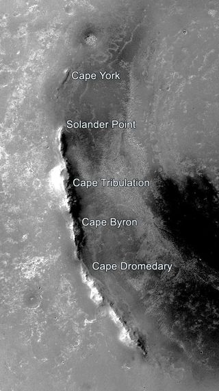 The Opportunity Mars rover has explored Endeavour Crater's western rim (pictured here) since 2011, including Cape Tribulation starting in 2014. The image, taken by the Mars Reconnaissance Orbiter, shows an area about 9 miles (14 kilometers) wide.