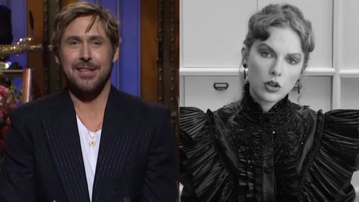 L to R: Ryan Gosling doing his opening monologue on Saturday Night Live, Taylor Swift in the Fortnight music video.