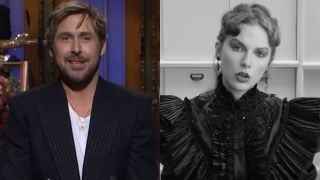 L to R: Ryan Gosling doing his opening monologue on Saturday Night Live, Taylor Swift in the Fortnight music video.