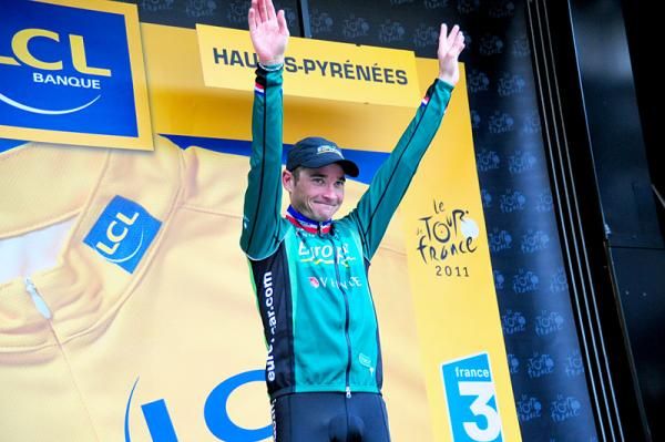 Frenchman Thomas Voeckler (Europcar) on the podium to receive another yellow jersey.
