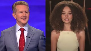 Ken Jennings and Mason Nico both presenting the How to Train Your Dragon Category for Jeopardy. He has a red tie and grey suit; she is in a yellow top. 