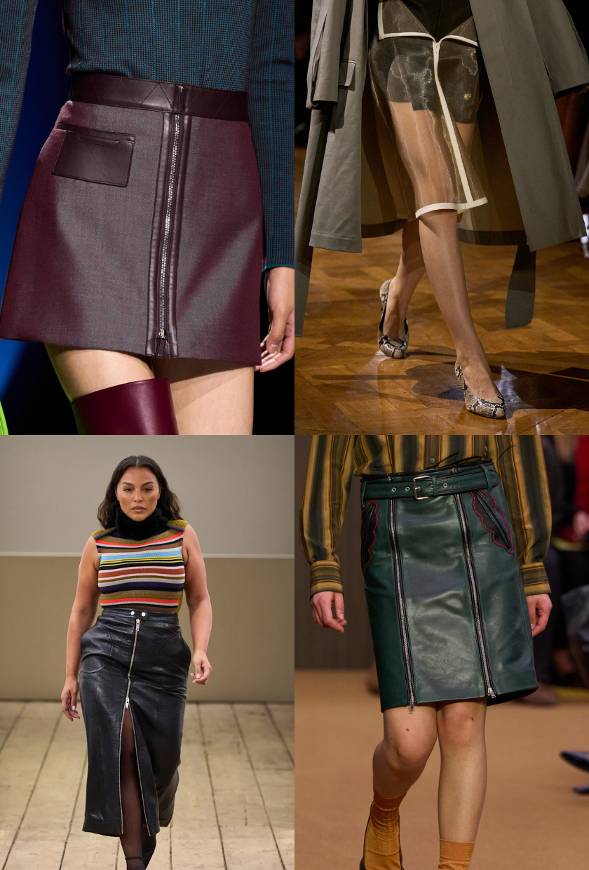 Four images of zippered skirts from the autumn winter 2026 runways, including a burgundy zippered mini skirt, a sheer zip skirt, a zip leather maxi skirt and a green double zippered skirt
