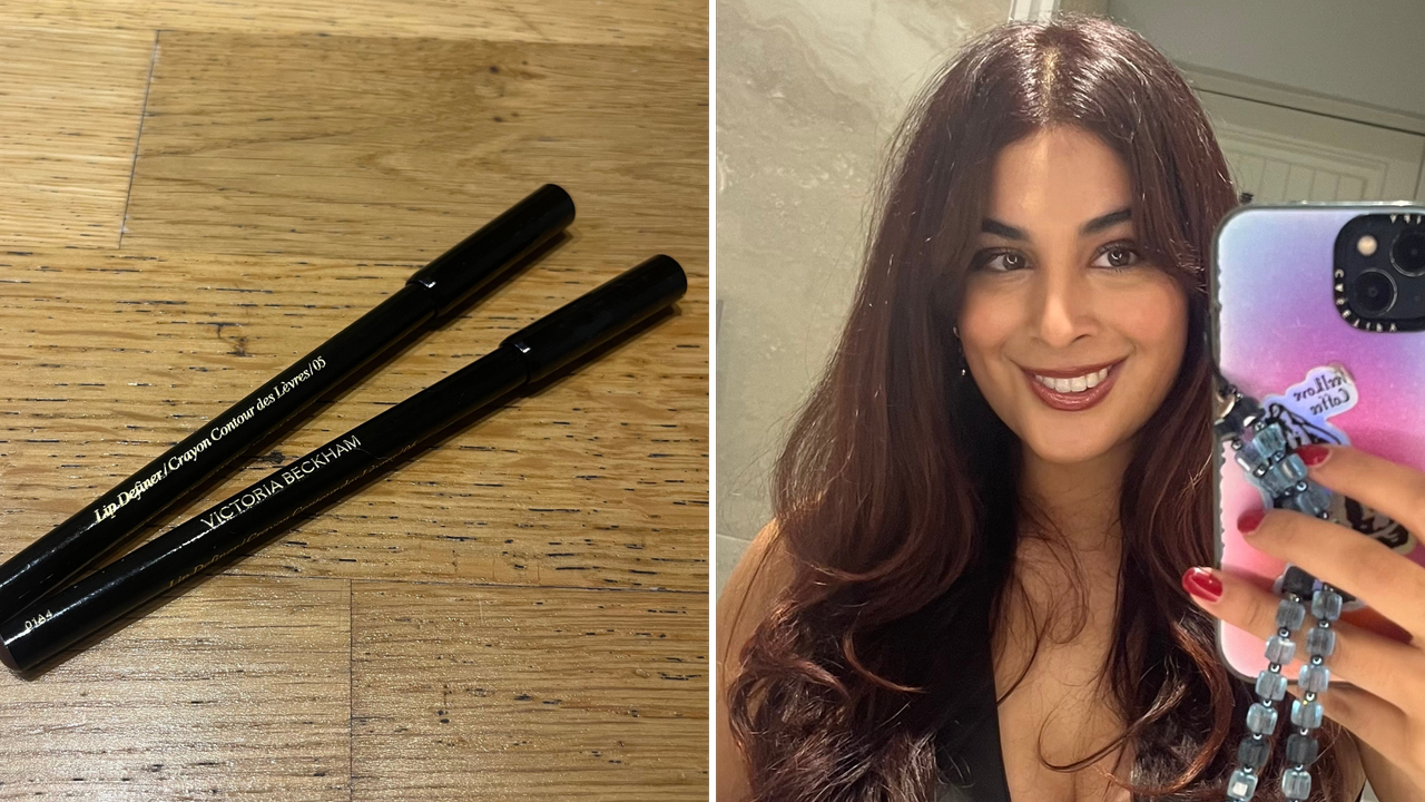 Nessa wearing the Victoria Beckham Beauty Lip Definer in 05: Caramel and a flatlay of two of the liners