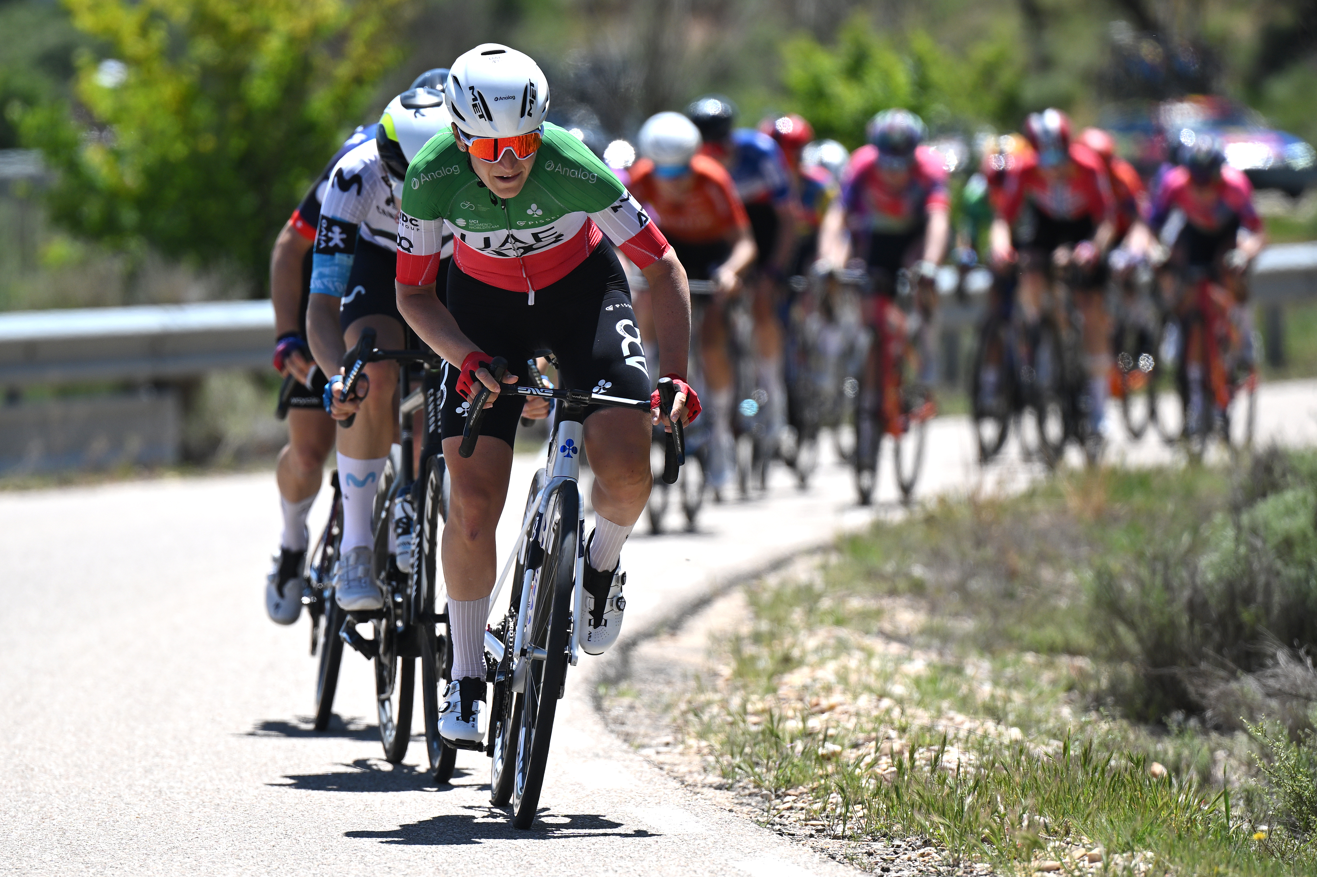 ROA DE DUERO, SPAIN - MAY 23: Elisa Longo Borghini of Italy and Uae Team Adq attacks during the 10th Vuelta a Burgos Feminas 2025, Stage 2 a 122km stage from Villalba de Duero to Roa de Duero / #UCIWWT / on May 23, 2025 in Roa de Duero, Spain. (Photo by Szymon Gruchalski/Getty Images)