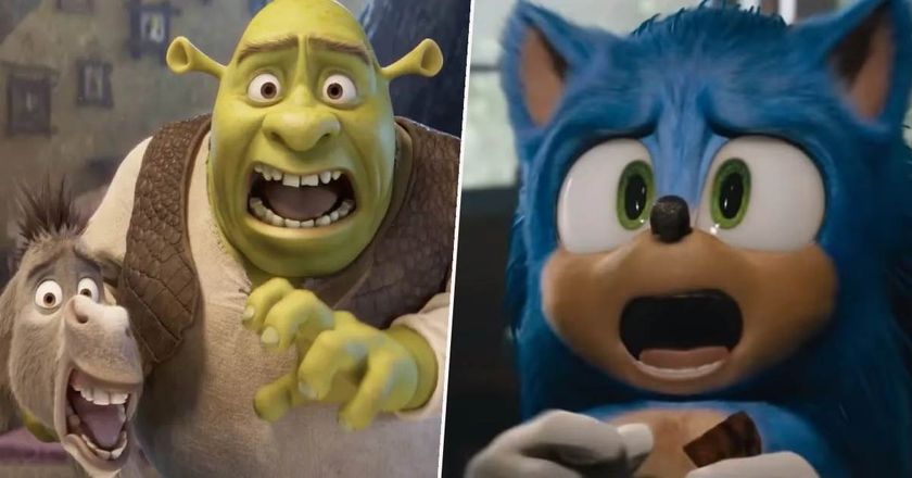 Shrek and Sonic side by side