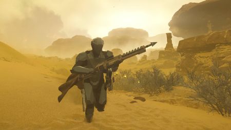 Helldivers 2 helldiver running with Speagun support weapon