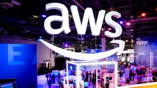 The logo of Amazon Web Services (AWS), which recently launched the new AWS App Studio platform, pictured in the exhibitor hall at AWS re:Invent 2022 in Las Vegas, Nevada.