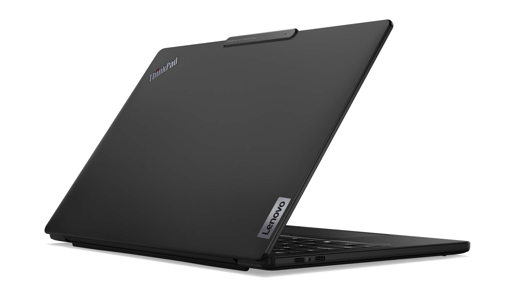 A back-angled view of an open Lenovo ThinkPad X13s against a white background