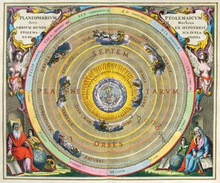 A map drawn by Andreas Cellarius showing the ancient Ptolemaic geocentric universe.