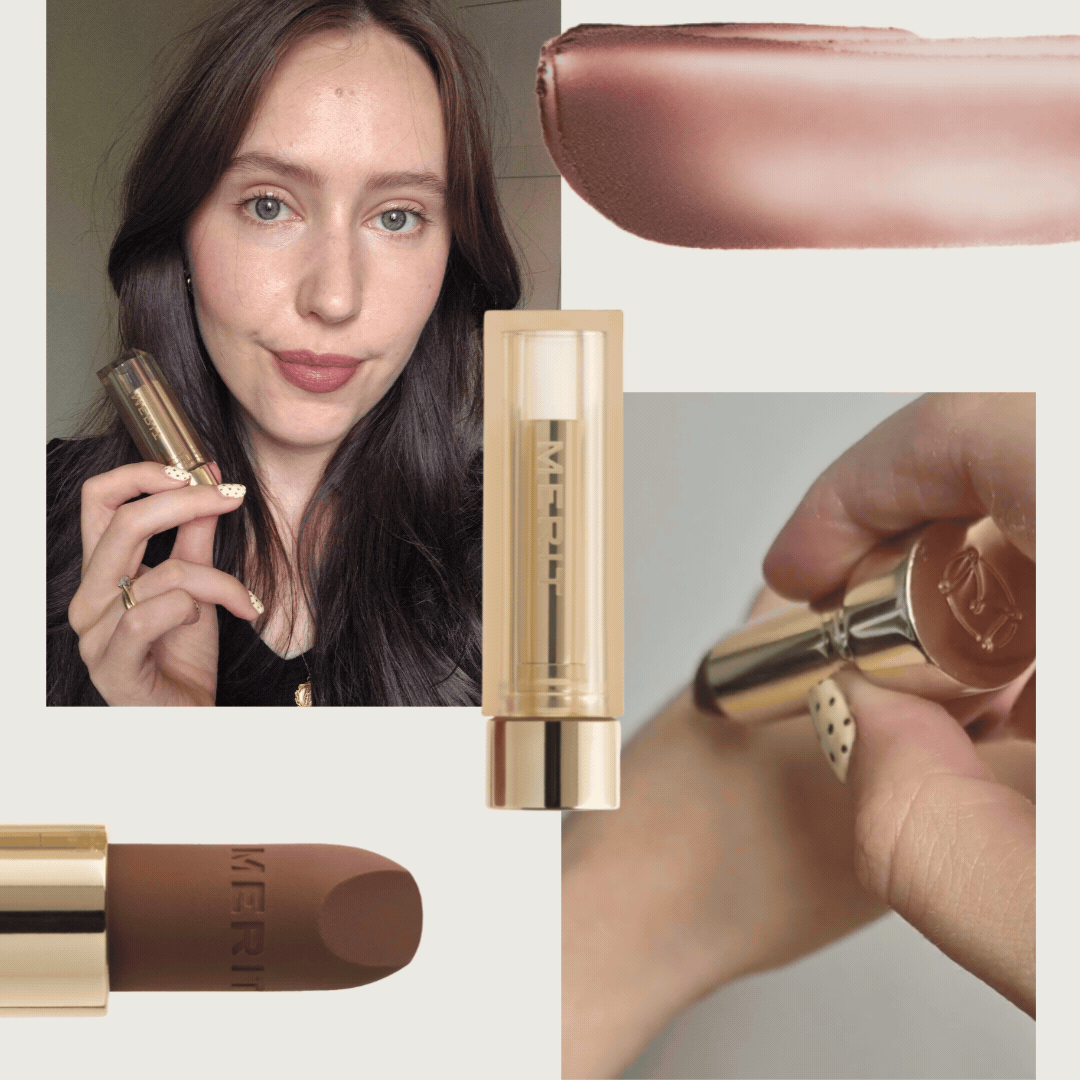 A picture of Digital Beauty Writer, Naomi Jamieson, wearing and holding the Merit Beauty Signature Lip Blush, along with a gif of her swatching the product on her hand and three product and swatch images from the brand, on a beige background