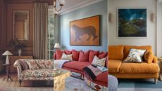 Sofa trends 2024, three panel images of colorful sofas in living rooms