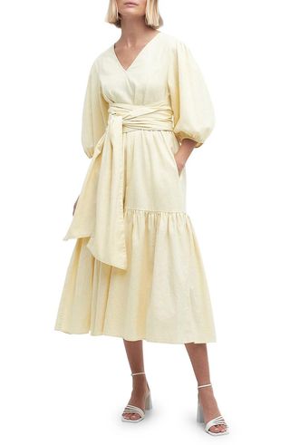 Annie puff-sleeve linen and cotton midi dress