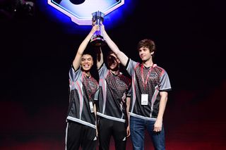Berkeley StarCraft II players (from left) Jason "RexRequired" Nguyen, Ryan "IntuitioN" Quick and Nicholas "Silky" McNeese, ESPN's inaugural national Collegiate Esports Championship 2019 (Source)