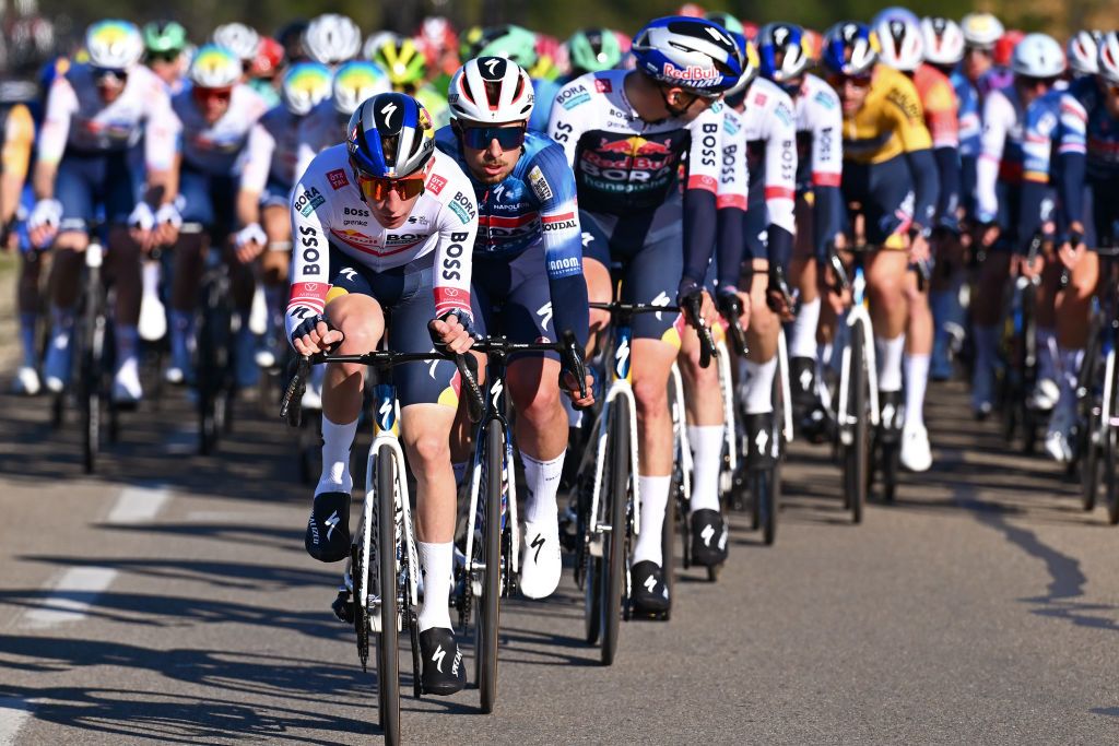 MARGUERITTES FRANCE FEBRUARY 06 LR Alexander Hajek of Austria and Team Red Bull BORA hansgrohe and Martin Svrcek of Slovakia and Team Soudal QuickStep lead the peloton during the 55th Etoile de Besseges Tour du Gard 2025 Stage 2 a 16583km stage from Domessargues to Marguerittes on February 06 2025 in Marguerittes France Photo by Billy CeustersGetty Images