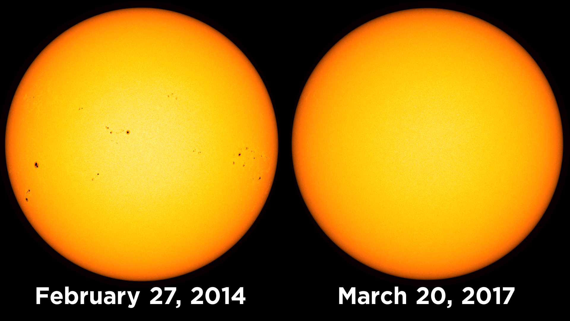 This side-by-side animation shows sunspots on the sun on Feb. 27, 2014 (left) and the sunspot-less day of March 20, 2017 as seen by NASA's Solar Dynamics Observatory.