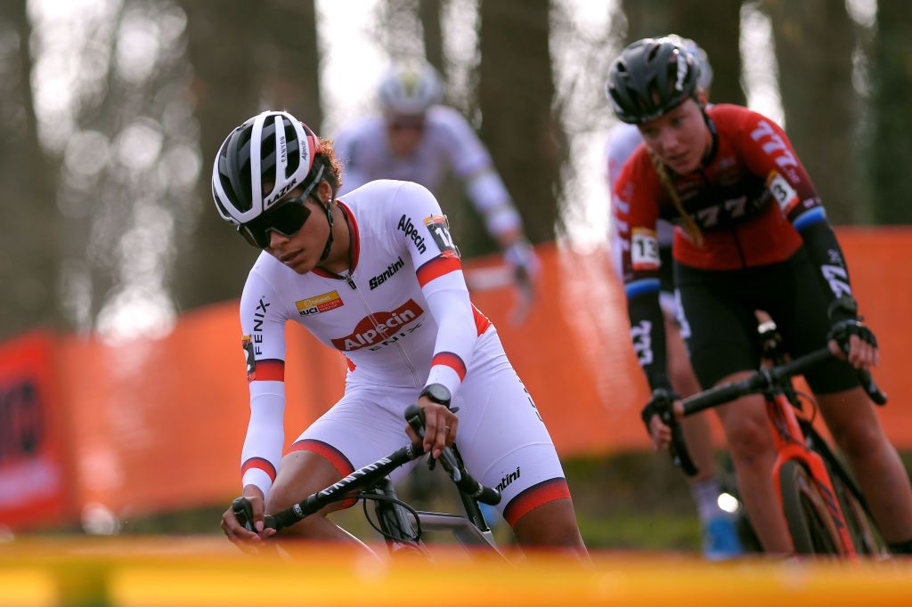 HOOGERHEIDE NETHERLANDS JANUARY 26 Ceylin Del Carmen Alvarado of The Netherlands and Team Alpecin Fenix Annemarie Worst of The Netherlands and Team 777 during the 31st WC GP Adrie Van der Poel Hoogerheide 2020 Women Elite UCICX TelenetUCICXWC on January 26 2020 in Hoogerheide Netherlands Photo by Luc ClaessenGetty Images