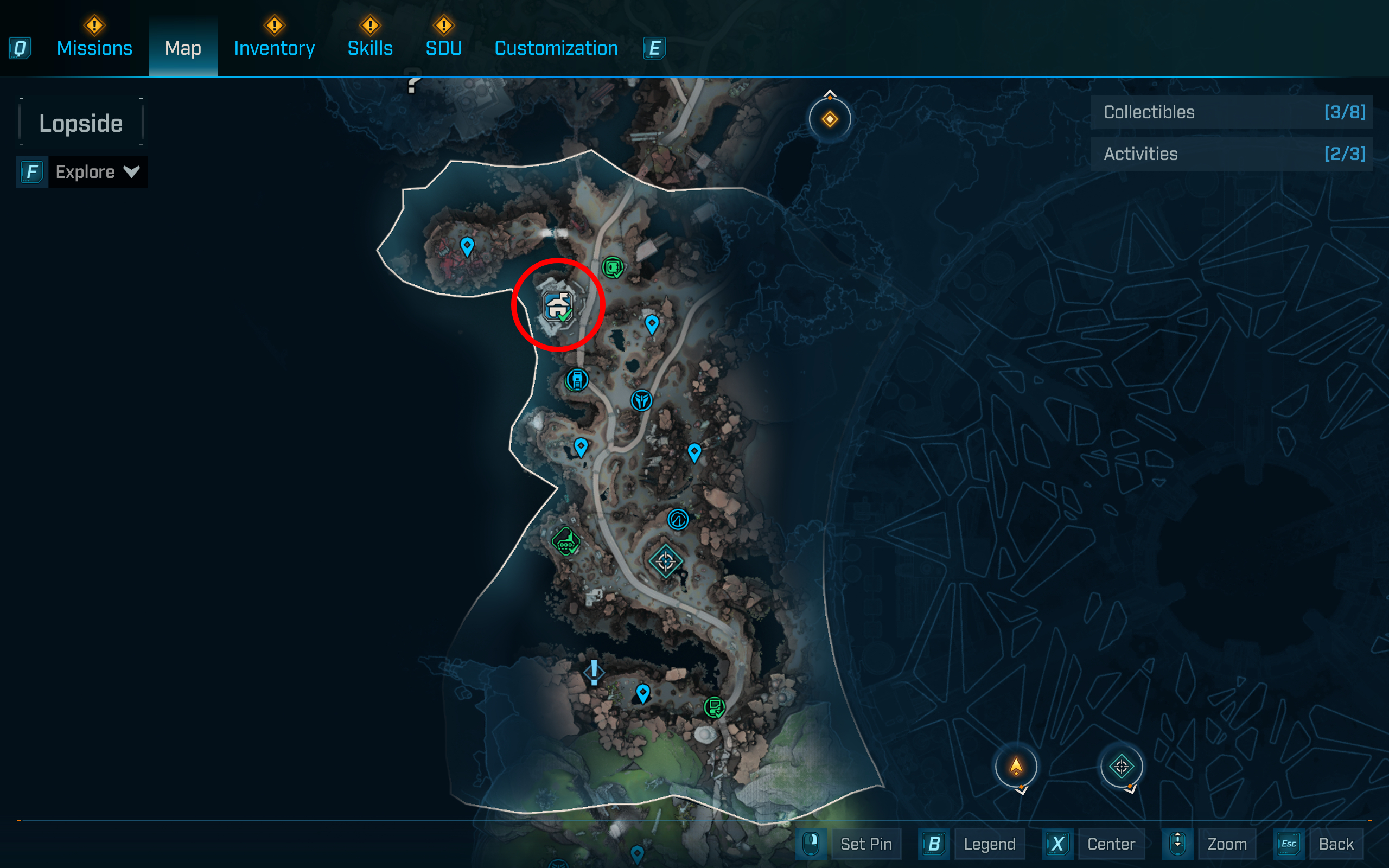 Borderlands 4 XP farms: A map with a red circle showing the location of the Makeshift Chalet in the Lopside region of Carcadia Burn.