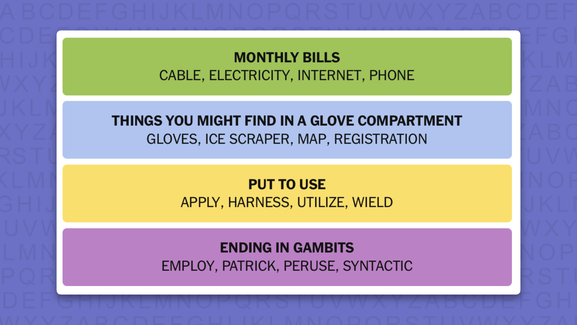 NYT Connections answers for game 1218 on a purple background