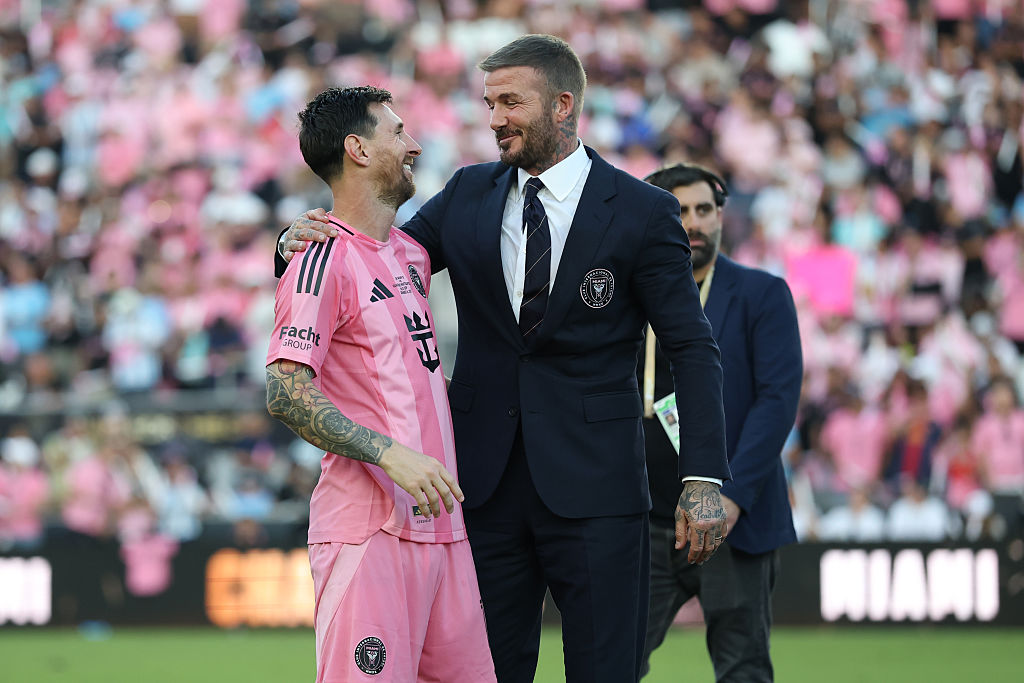 Lionel Messi #10 of Inter Miami CF greets David Beckham, co-owner of Inter Miami CF, after winning the Championship following the Audi 2025 MLS Cup Final match between Inter Miami CF and Vancouver Whitecaps FC at Chase Stadium on December 06, 2025 in Fort Lauderdale, Florida