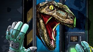 Jurassic World Aftermath Collection PSVR 2; a dinosaur bursts through a door