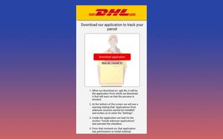 A screen shot of a website advertising a fake DHL package-tracking app.