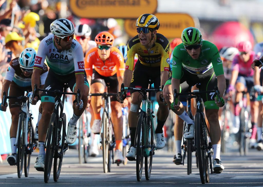 POITIERS FRANCE SEPTEMBER 09 Arrival Peter Sagan of Slovakia and Team Bora Hansgrohe Wout Van Aert of Belgium and Team Jumbo Visma Disappointment Sam Bennett of Ireland and Team Deceuninck QuickStep Green Points Jersey during the 107th Tour de France 2020 Stage 11 a 1675km stage from ChatelaillonPlage to Poitiers TDF2020 LeTour on September 09 2020 in Poitiers France Photo by Thibault Camus PoolGetty Images