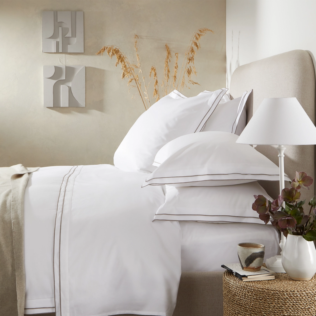 White Company bedding set with mink border