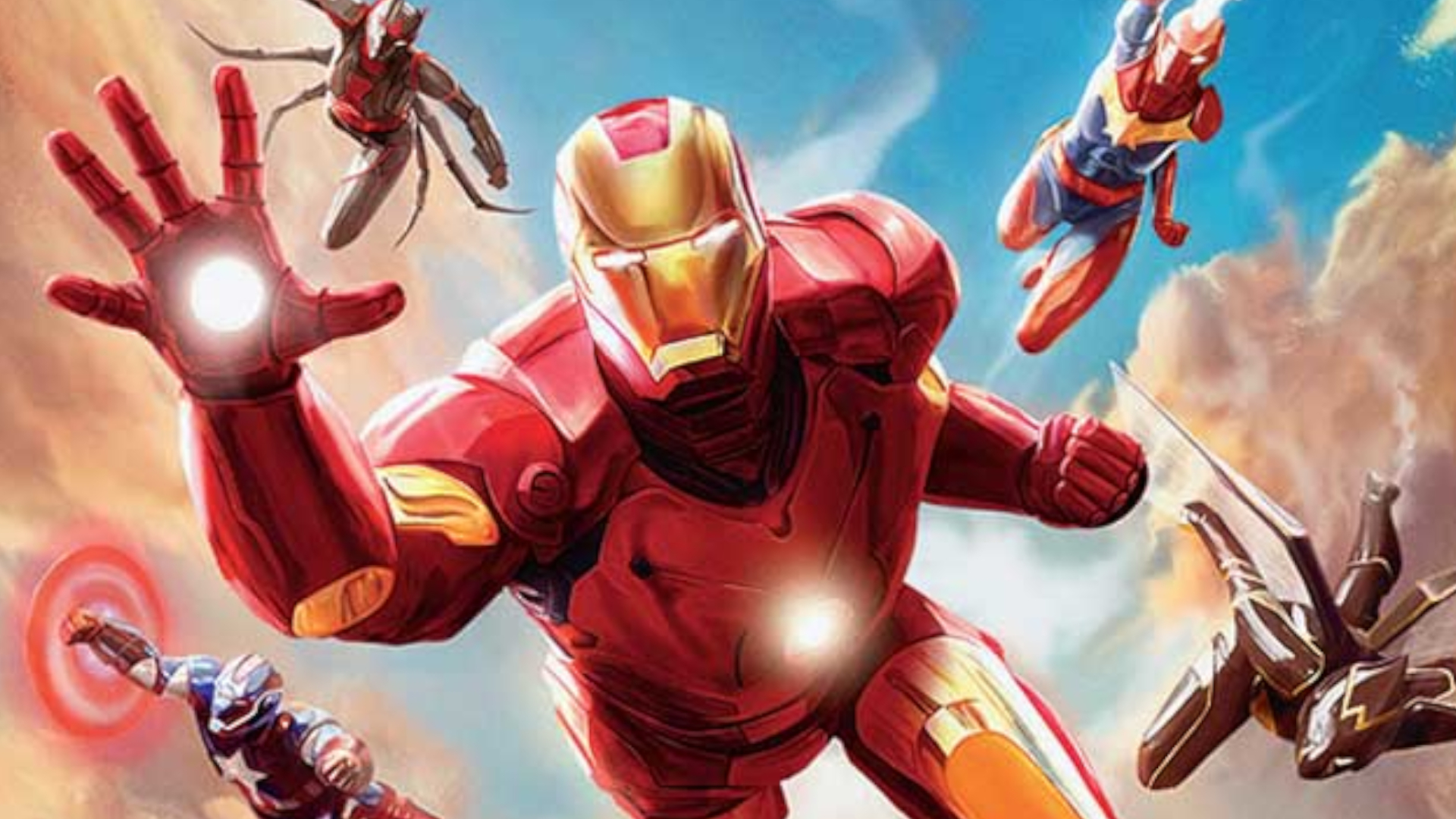 MTG Iron Man and other armored heroes fly through the clouds