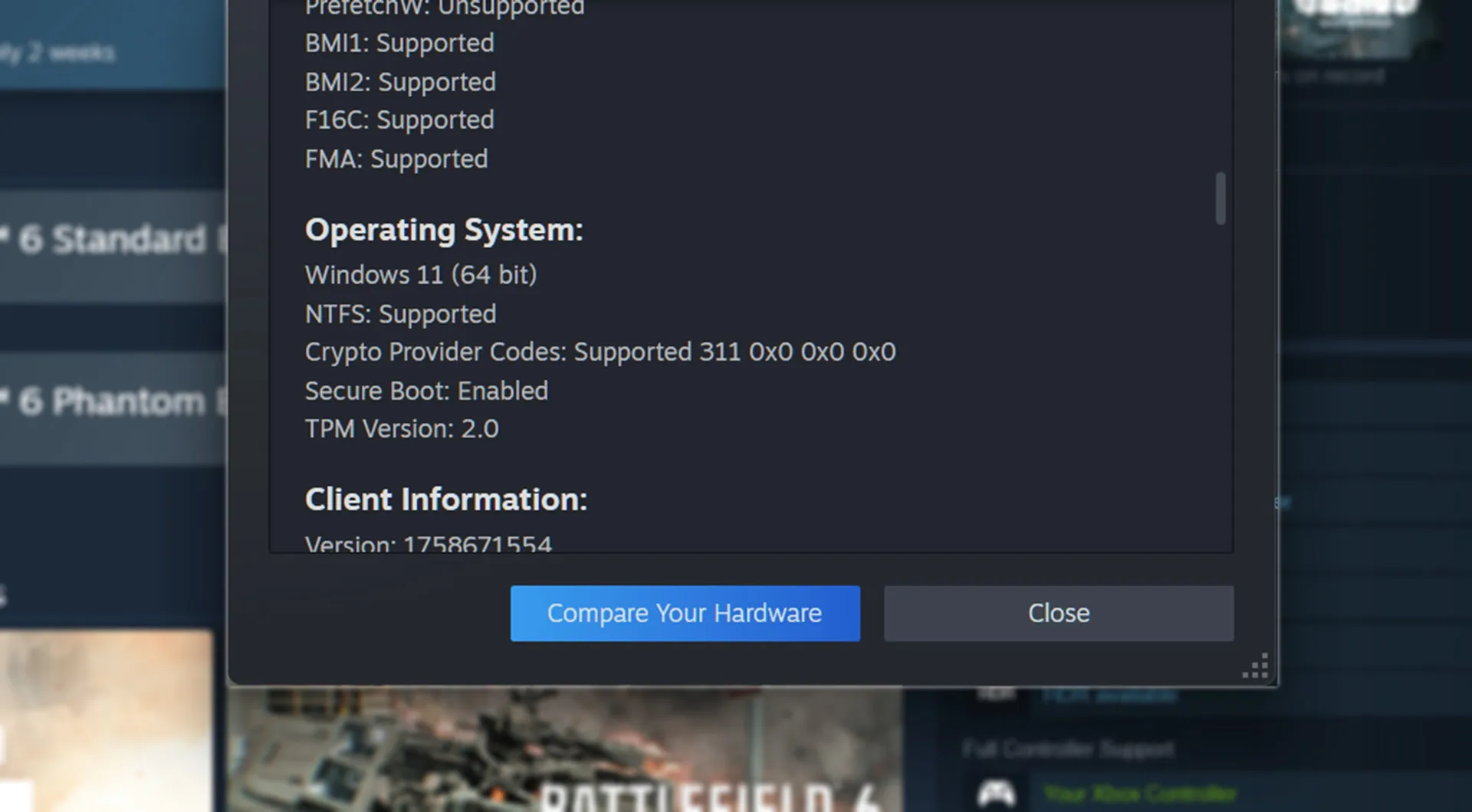 Secure Boot status in Steam system info