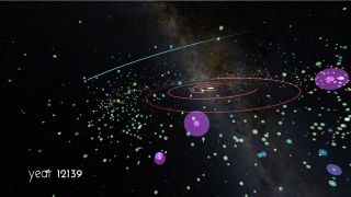 This visualization of "Planet Nine" illustrates the discoveries being made in the Kuiper Belt, the uncertainty about the location of this hypothetical planet and computer simulations of distant areas in the solar system.