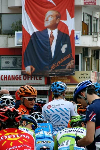 The riders wait under a watchful eye before the start in Marmaris.