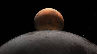 an illustration showing Mars rising over the lunar landscape
