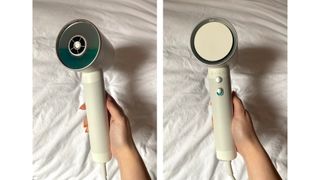 A composite of two photos of beauty writer Lucy Abbersteen's hand holding the Zuvi Halo Dryer, one showing the front and one showing the back and its buttons