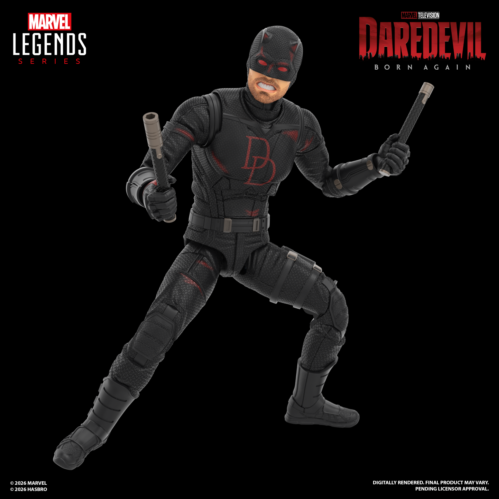 Marvel Legends Daredevil snarling against a dark background, with multiple logos visible in frame