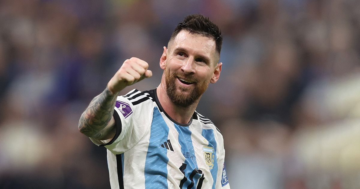 Lionel Messi celebrates after their sides third goal by Julian Alvarez of Argentina (not pictured) during the FIFA World Cup Qatar 2022 semi final match between Argentina and Croatia at Lusail Stadium on December 13, 2022 in Lusail City, Qatar.