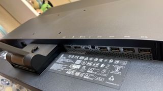 Lenovo L32p-30 32" 4K UHD monitor USB ports as seen from a rear, low-angled view
