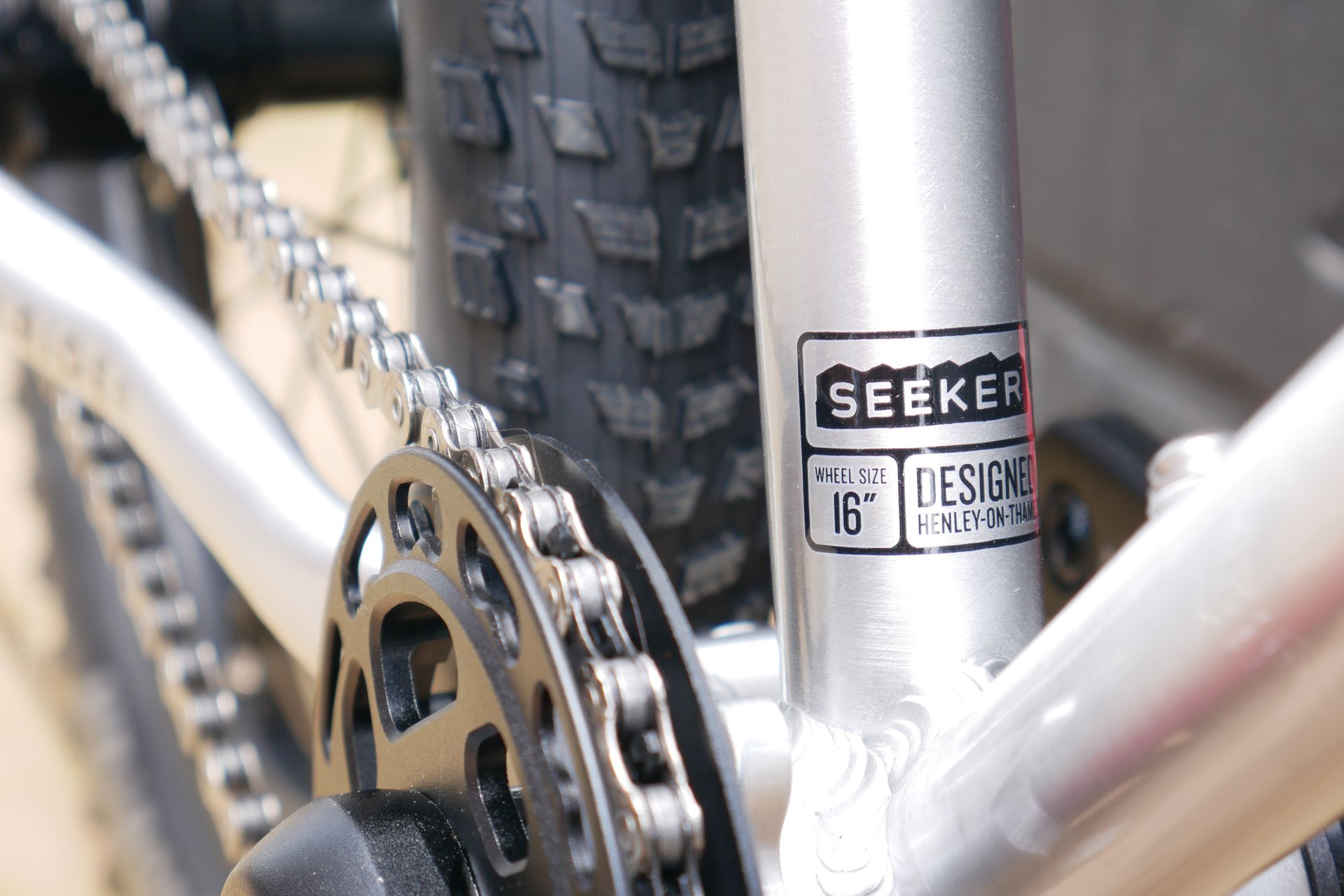 Seat tube sticker of the Seeker 16 from Early Rider, denoting it was 'designed in Henley-on-thames'