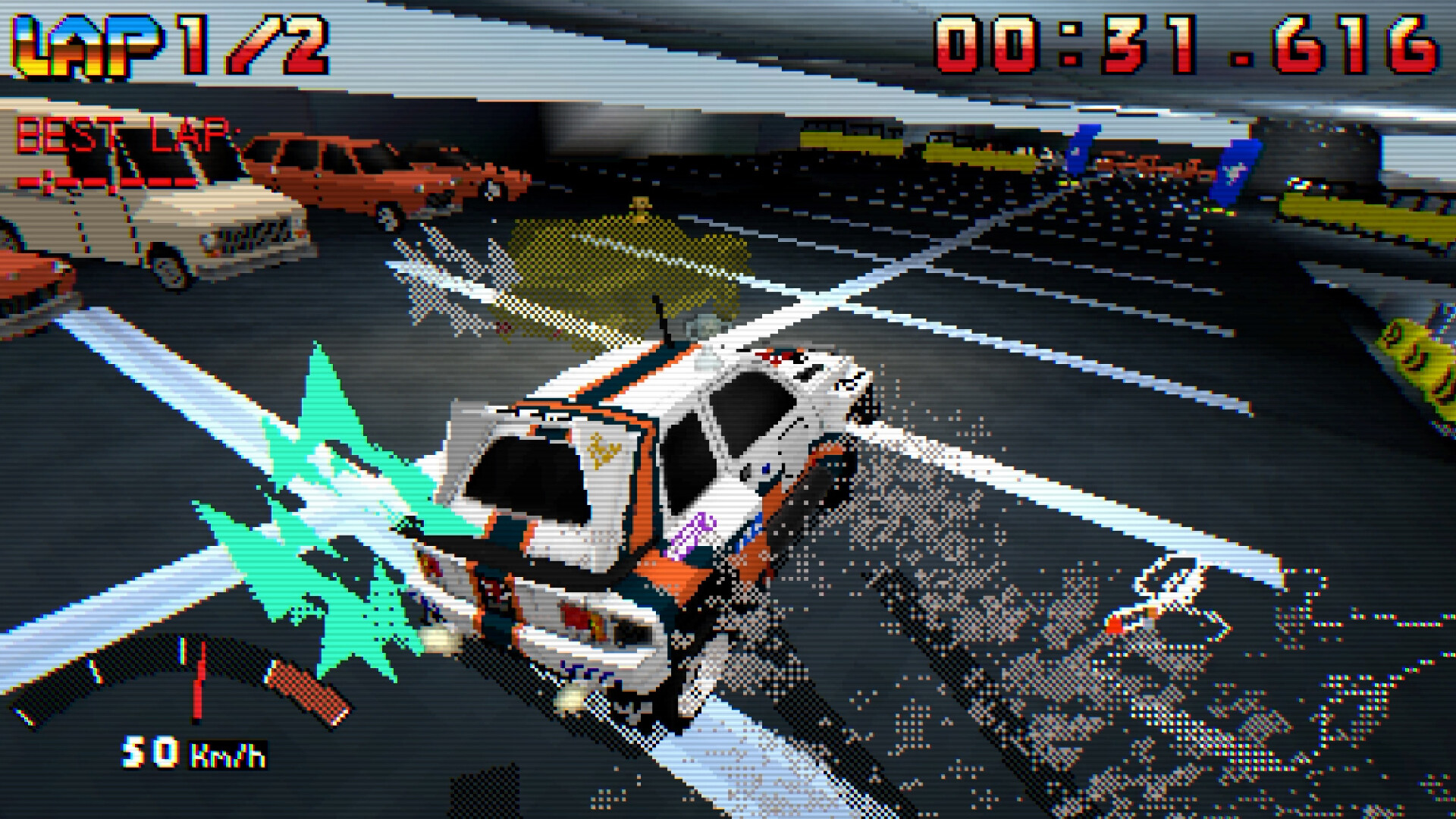 Polygonal car drifting in parking garage in Parking Garage Rally Circuit.