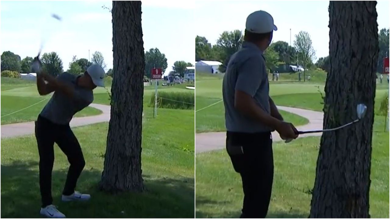 Nick Hardy bends his 9-iron after playing a shot at the 3M Open