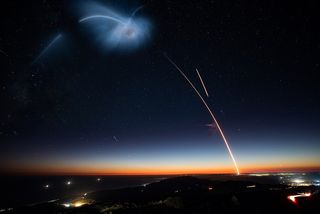 This photo captures all of the SpaceX action on Oct. 7, 2018: A Falcon 9 rocket launching the SAOCOM-1A satellite from California’s Vandenberg Air Force Station; the plume created by the liftoff; and the Falcon 9’s first stage coming back to land at Vandenberg (short orange arc at right).