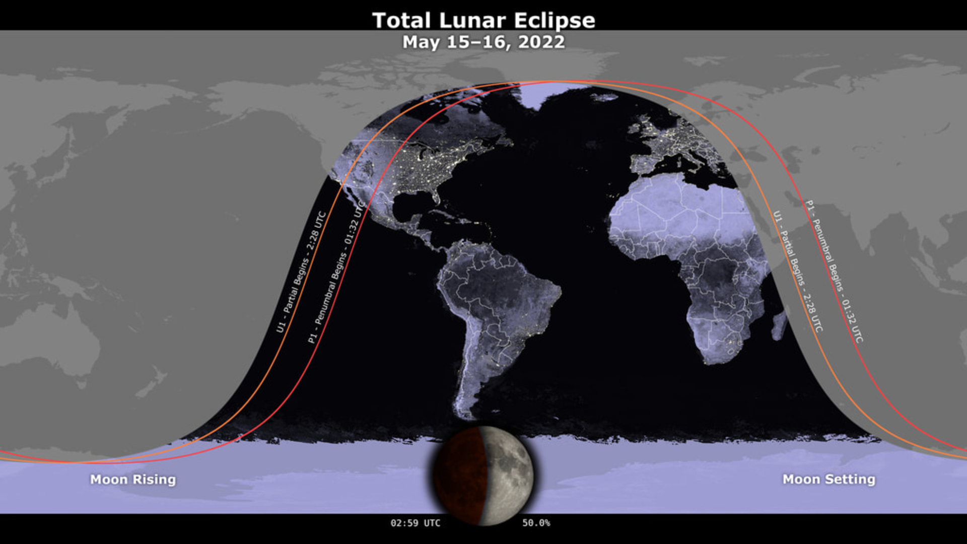 Mapa de visibilidade do eclipse lunar de 15 a 16 de maio de 2022.